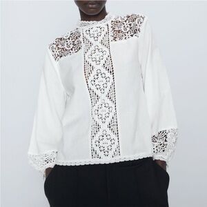 WOMEN ZARA COMBINATION LACE EMBROIDERED WHITE BLOUSE BOHO PEASANT SZ LG BRODERIE